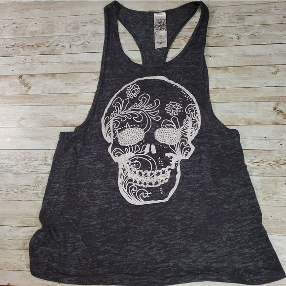 Crash & Burn Racerback‎ Embellished Crystals Skull, Gun & Rose Tank Top M - Picture 1 of 5